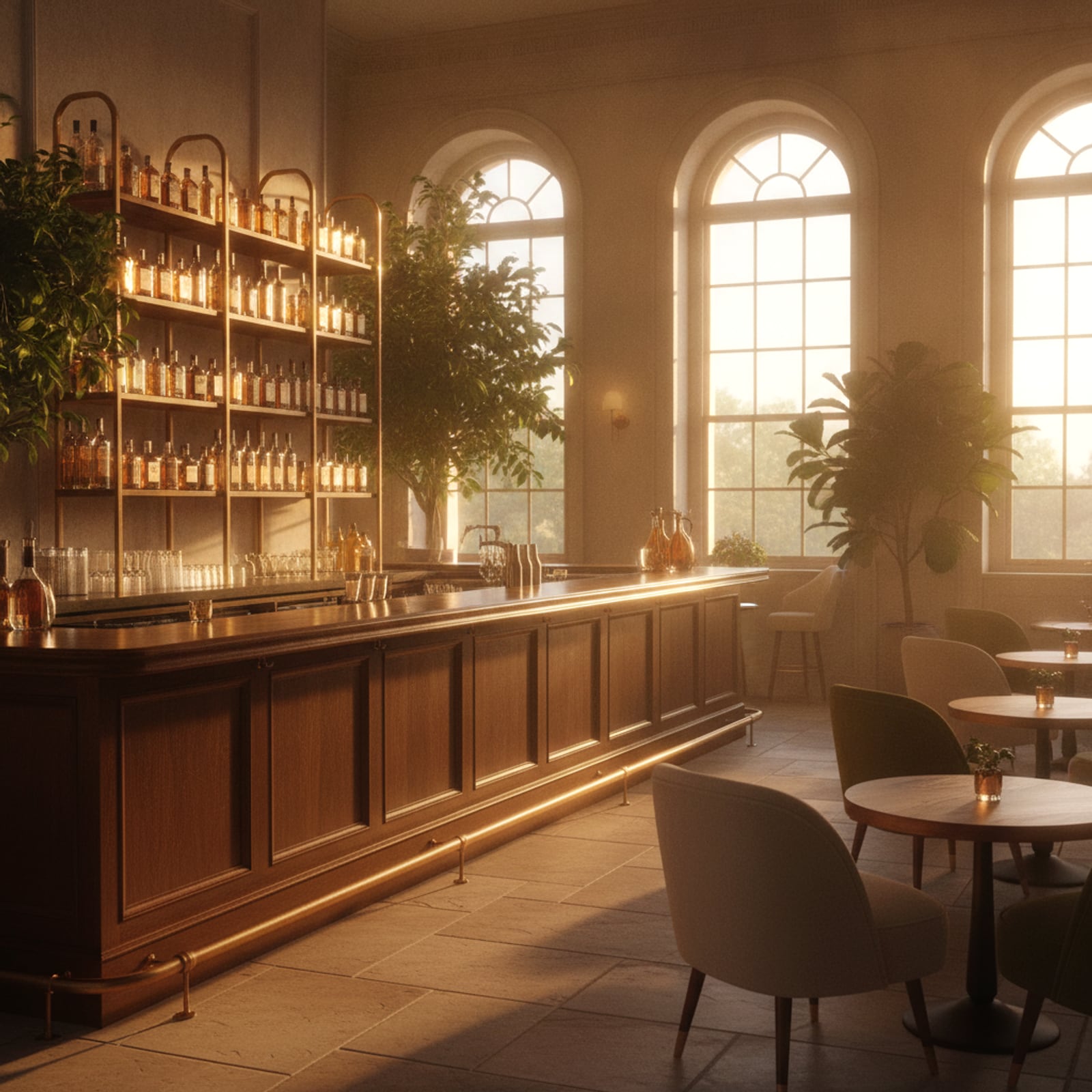 A warm, sunlit cocktail-bar interior in the late afternoon: light through tall arched windows across a timber counter and shelves of unlabeled bottles.