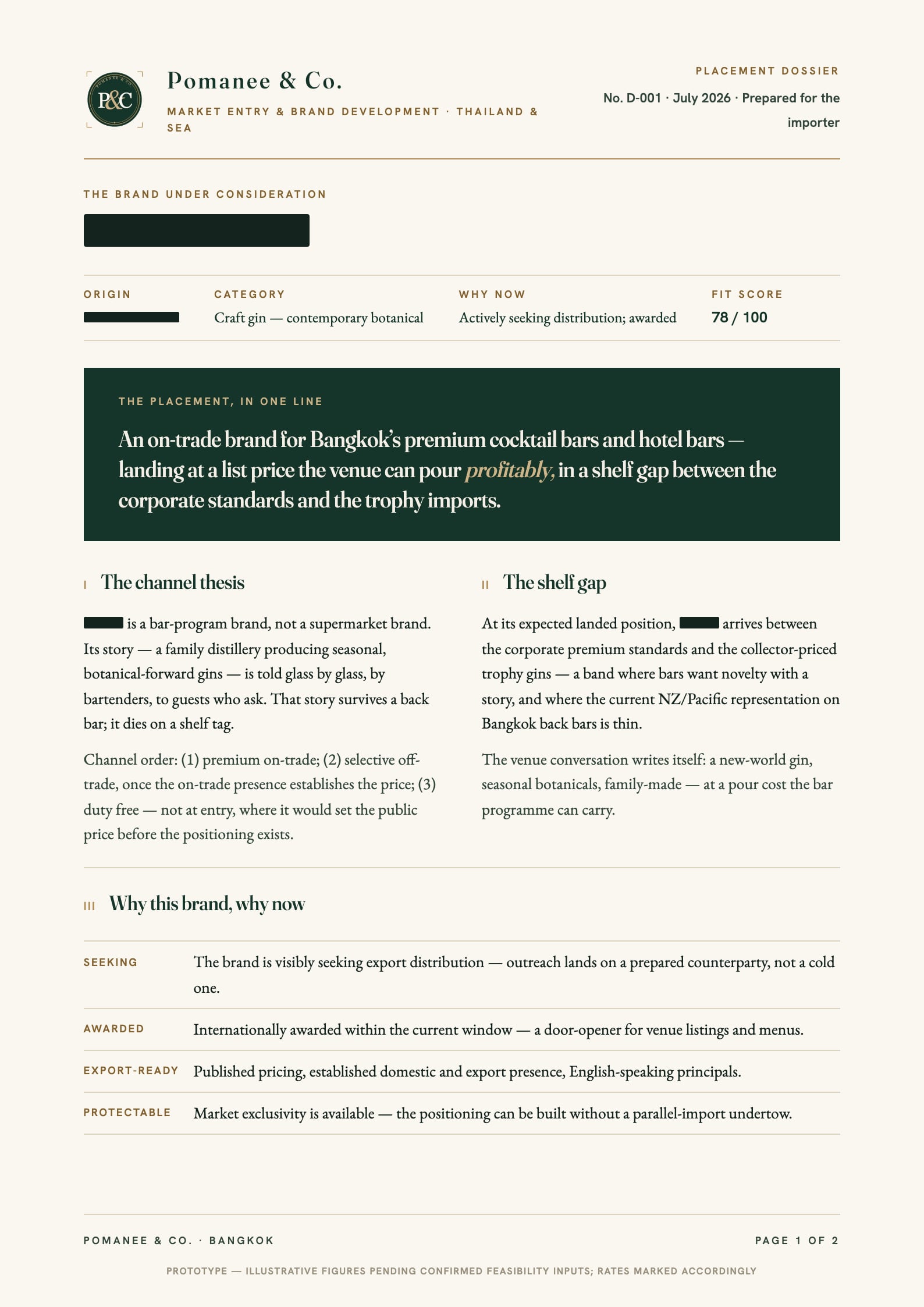 Page one of a Pomanee & Co. placement dossier, brand name redacted: the placement verdict, the channel thesis and 'why this brand, why now', set in warm paper and bottle green.
